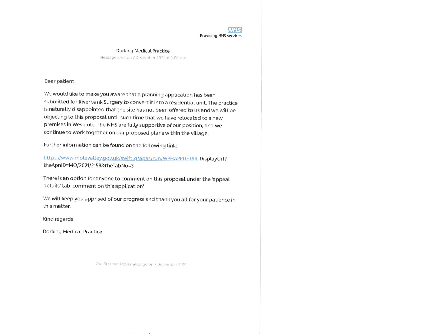 Message from Dorking Medical Practice to patients, sent 7 December 2021 at 3:00pm on NHS-branded letterhead, headed "Dear patient". It states that a planning application has been submitted for Riverbank Surgery to convert it into a residential unit, that the practice is disappointed the site was not offered to it, and that it will be objecting until it has relocated to new premises in Westcott. It gives a Mole Valley District Council planning link for application MO/2021/2158 and notes there is an option to comment on the application.
