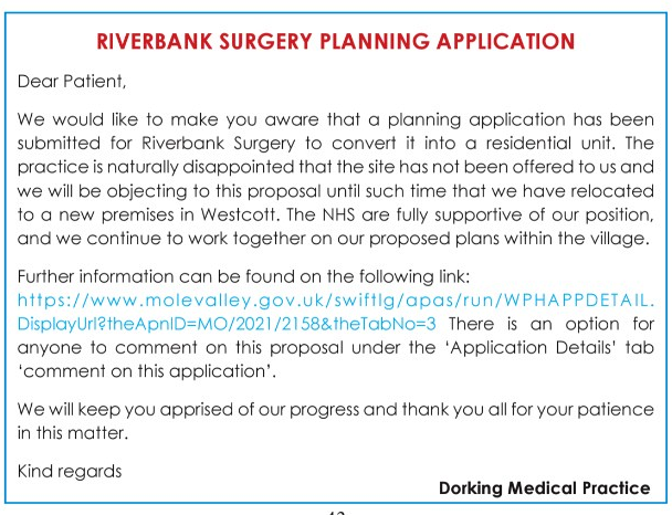 Notice headed "Riverbank Surgery planning application" addressed "Dear Patient" from Dorking Medical Practice, as printed in the January 2022 Westcott Magazine. It states that a planning application has been submitted to convert Riverbank Surgery into a residential unit, that the practice is disappointed the site was not offered to it, and that it will object until it has relocated to new premises in Westcott. It gives a Mole Valley District Council planning link for application MO/2021/2158 and notes there is an option to comment on the application.